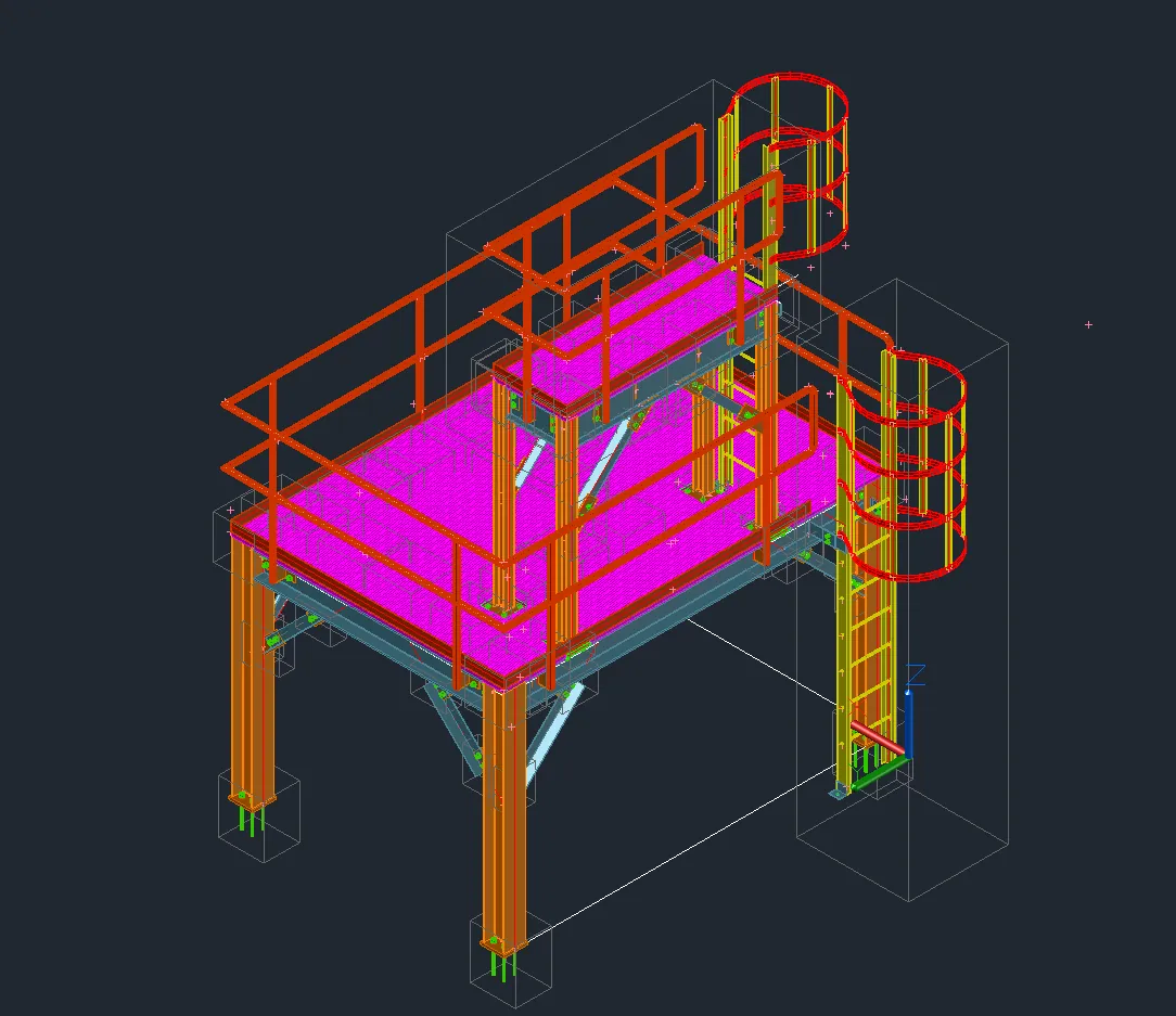 An in-house CAD model of a multi-level steel access platform with stairs, ladders and handrails