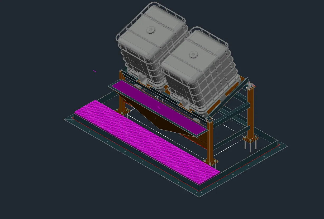 The in-house CAD model of a dual bulk-tote support and unload frame with operator platforms