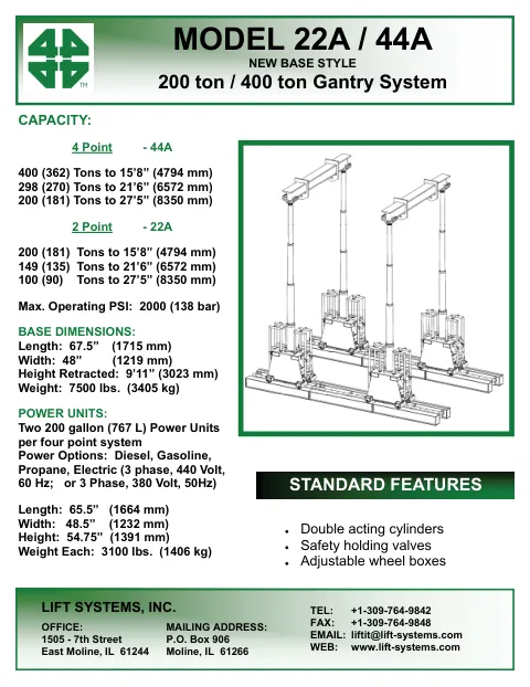Spec sheet cover — Model 22A Gantry